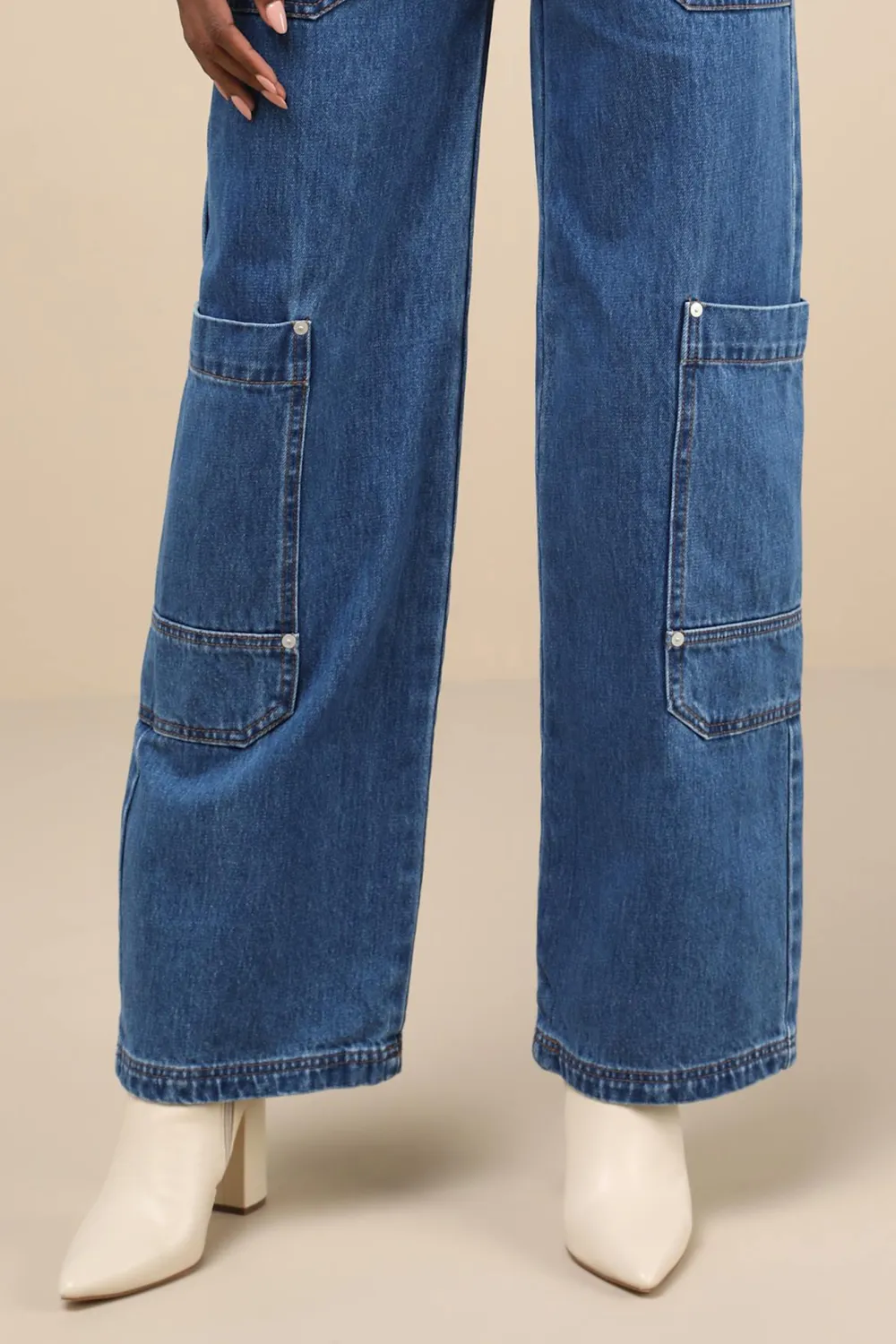 Daily Medium Wash Cotton Denim High-Rise Wide-Leg Cargo Jeans