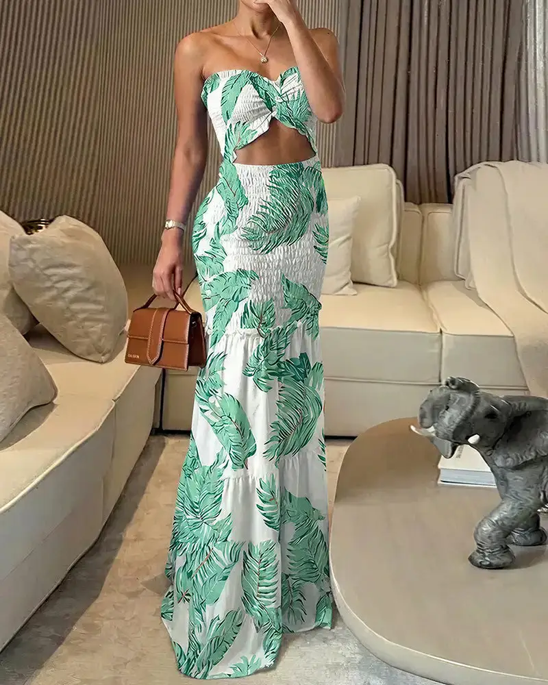 Tropical Print Halter Cutout Maxi Dress