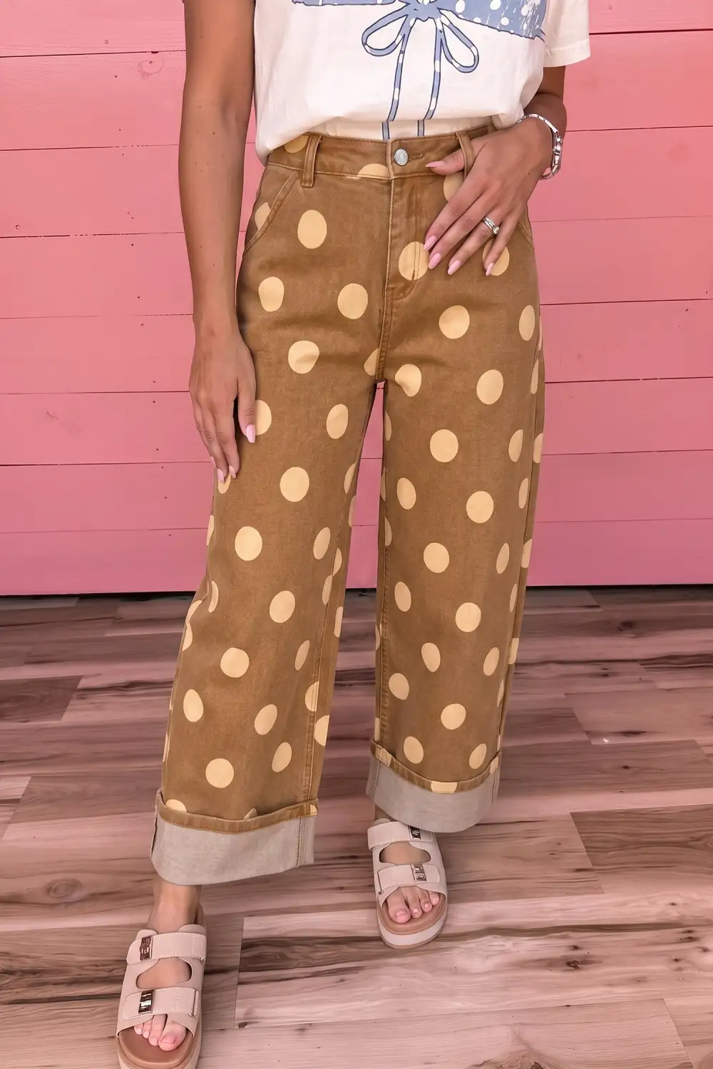 Women's Polka Dot Ankle Length Jeans With Metal Buttons