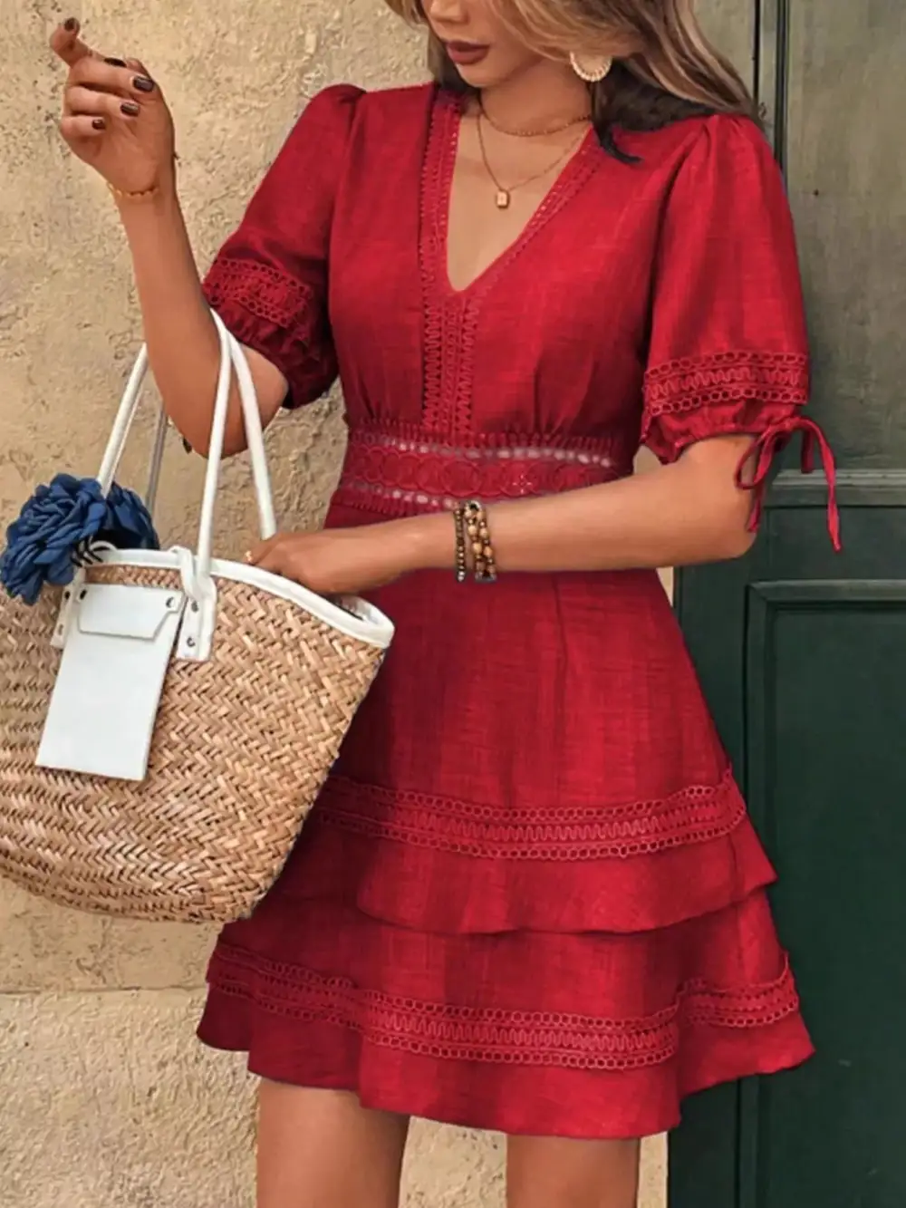 Modern Everyday Lace Detail V-Neck Mini Dress