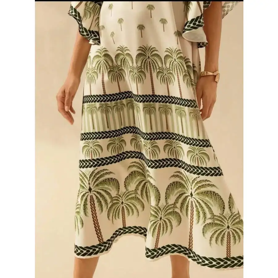 Palm Print V-neck Midi Dress
