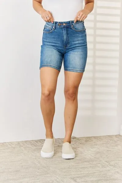 Full Size Tummy Control Double Button Denim Shorts