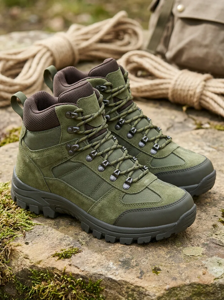 Unisex Field Outdoor Hiking Olive Green Suede Printed Boots