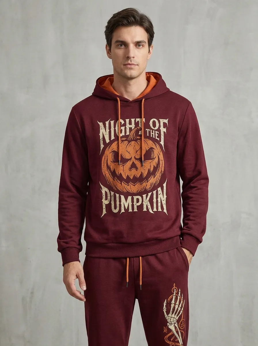 Men's Halloween Black Pumpkin Skeleton Leg-Graphic Hoodie Jogger Set
