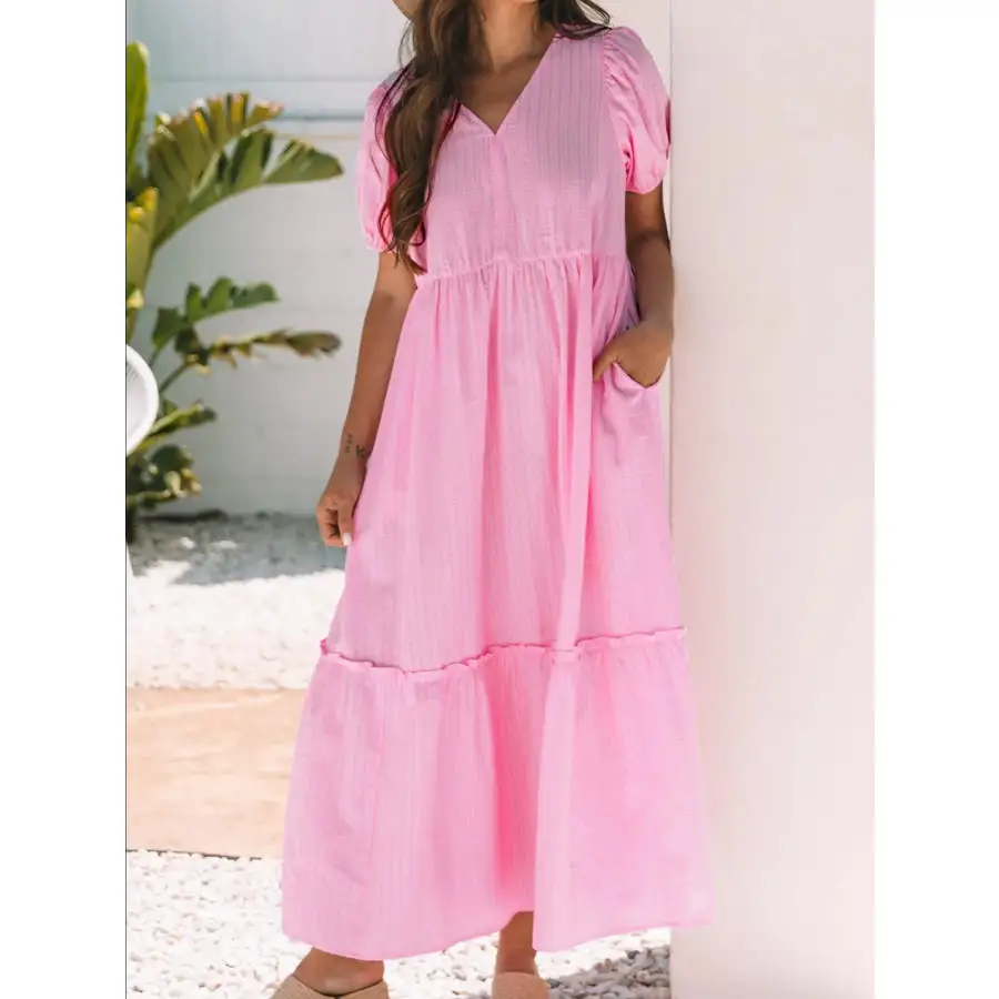 Striped Puff Sleeve V Neck Maxi Dress