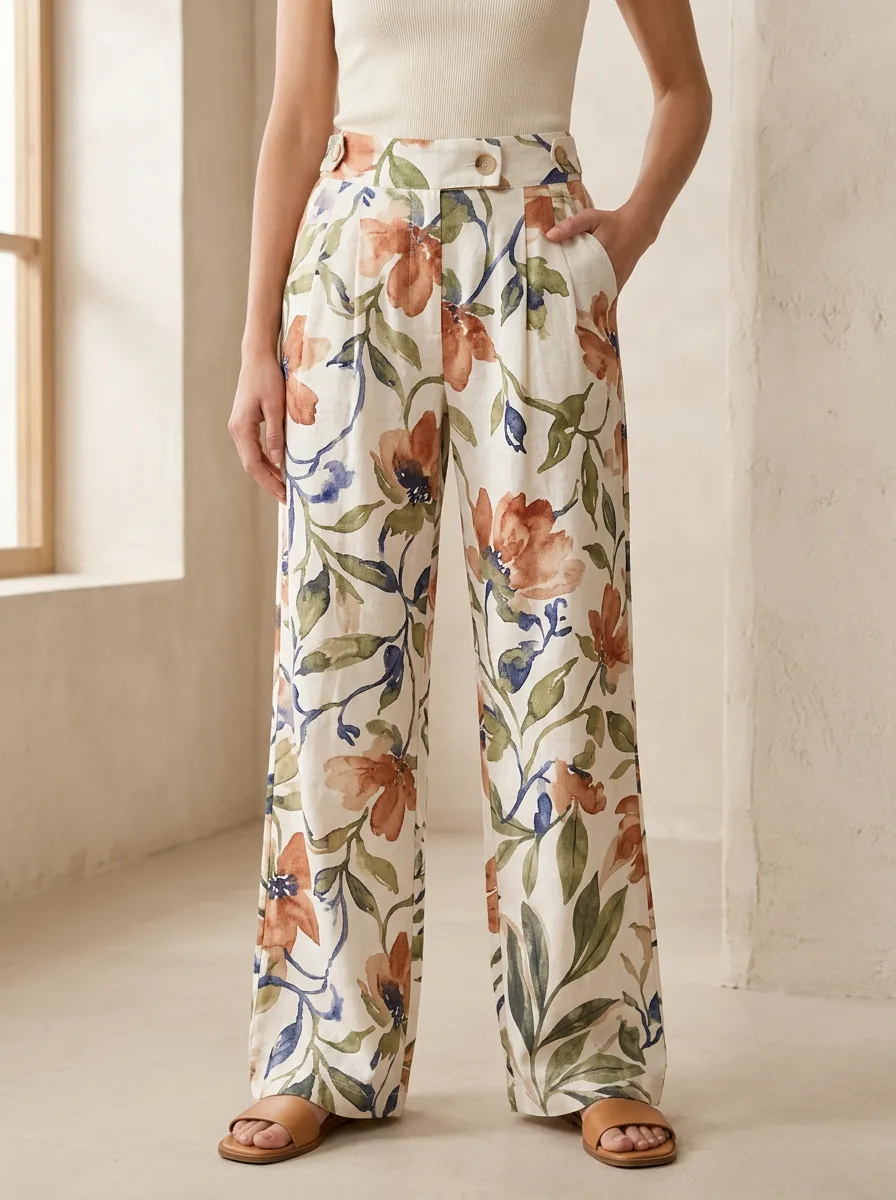 Women's Botanical Floral Easygoing Printed Wide Leg Pants