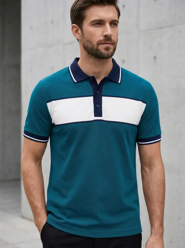 Men's Casual Fashion Colorblock Striped Printed Polo Shirt