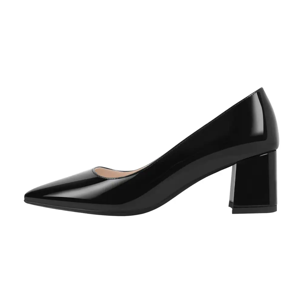Patent Finish Pointed Toe Chunky Heel Slip On Pumps