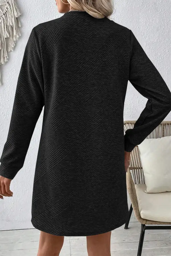 Refined Solid Color Textured Long Sleeve Shift Dress