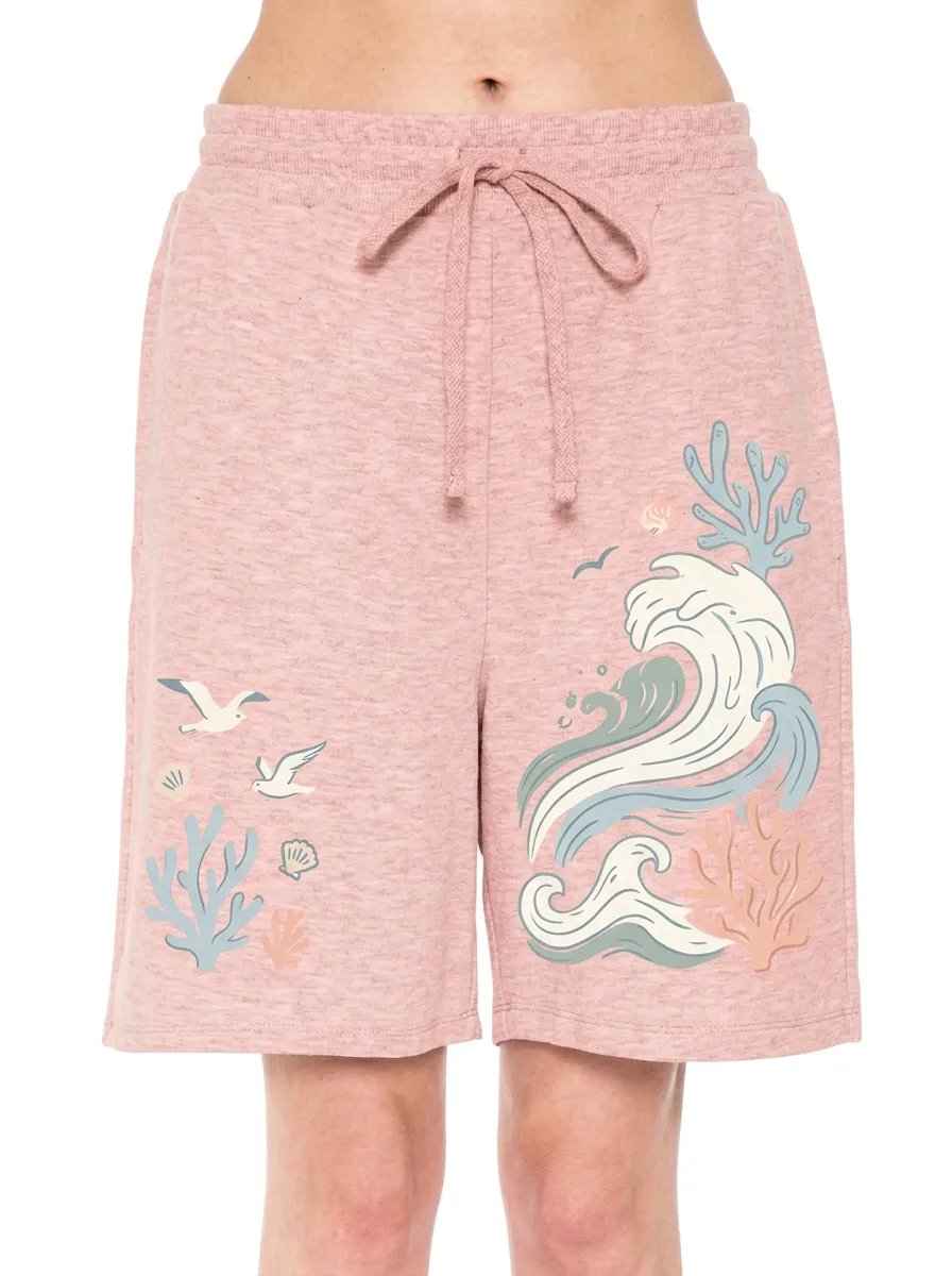 Women's Coastal Ocean Wave Coral Graphic Shorts