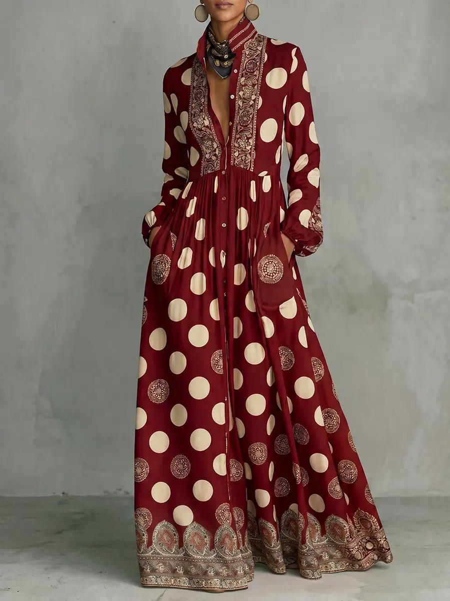 Pleated Polka Dot Buttoned Long Maxi Dress