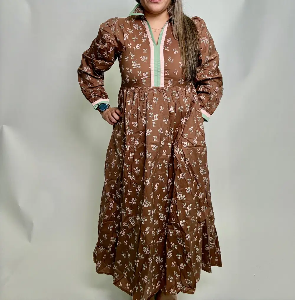 Floral Striped Long Sleeve Collared Dress