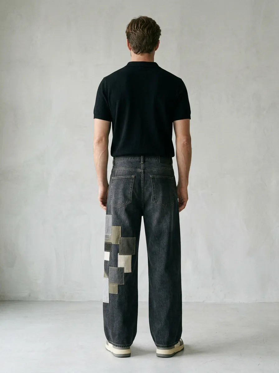 Men's Patchwork Geometric Printed Wide Leg Jeans