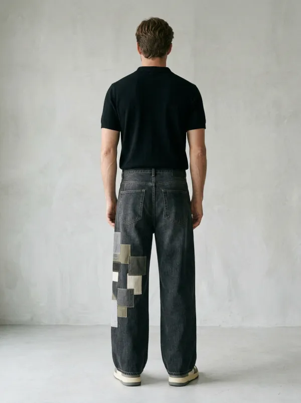 Men's Patchwork Geometric Printed Wide Leg Jeans