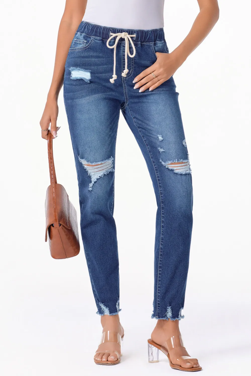 Dark Blue Raw Hem Straight Jeans