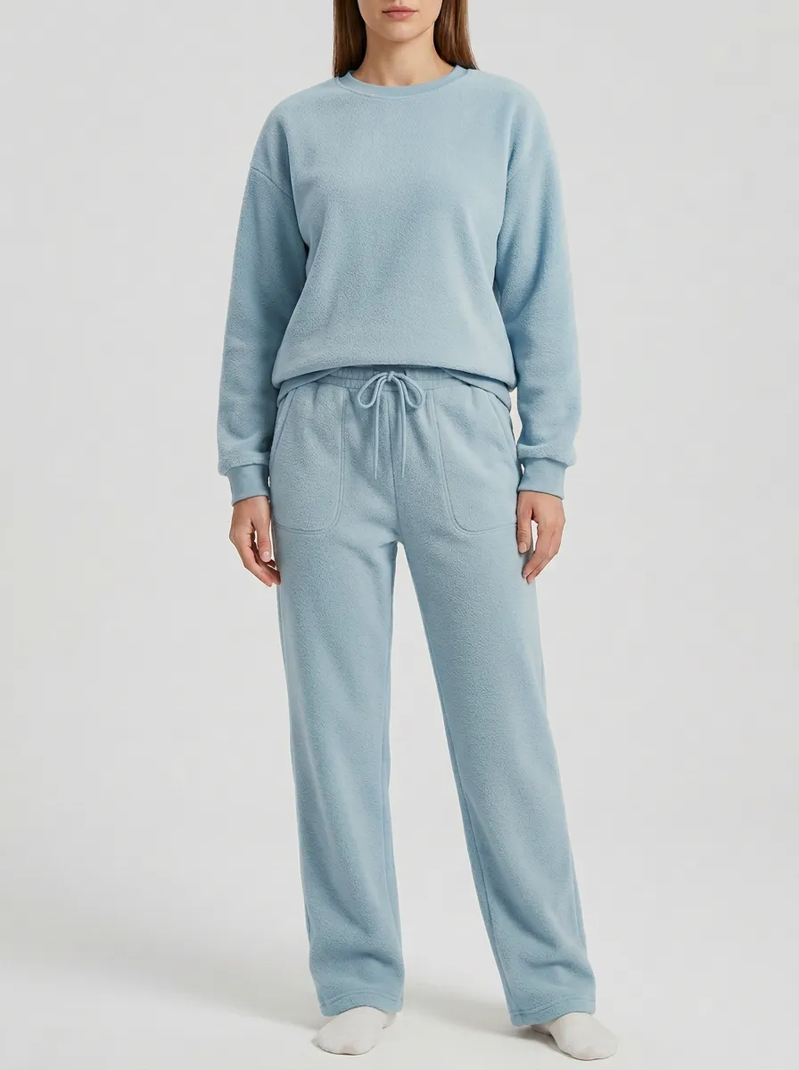 Women's Drop-Shoulder Crewneck Sweatshirt And Patch-Pocket Fleece Lounge Set