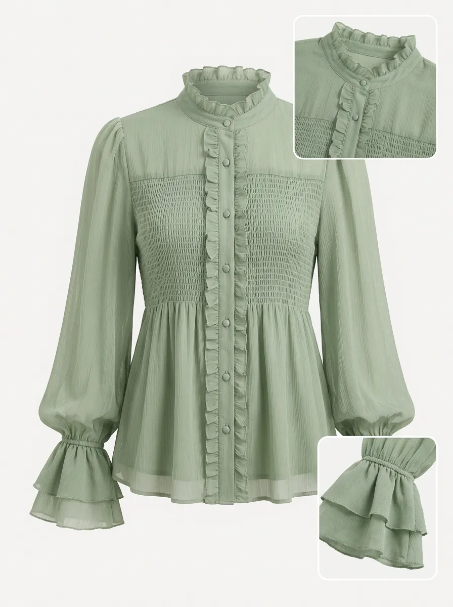 Women's Sage Green Ruffle Smocked Long Sleeve Button-Up Blouse