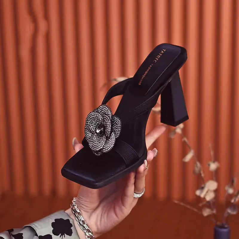 Floral Detail Block Heel Slide Sandals