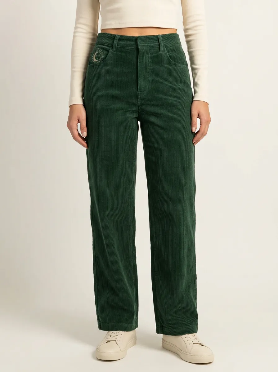 Women's Celestial Embroidered High-Rise Straight-Leg Corduroy Pants