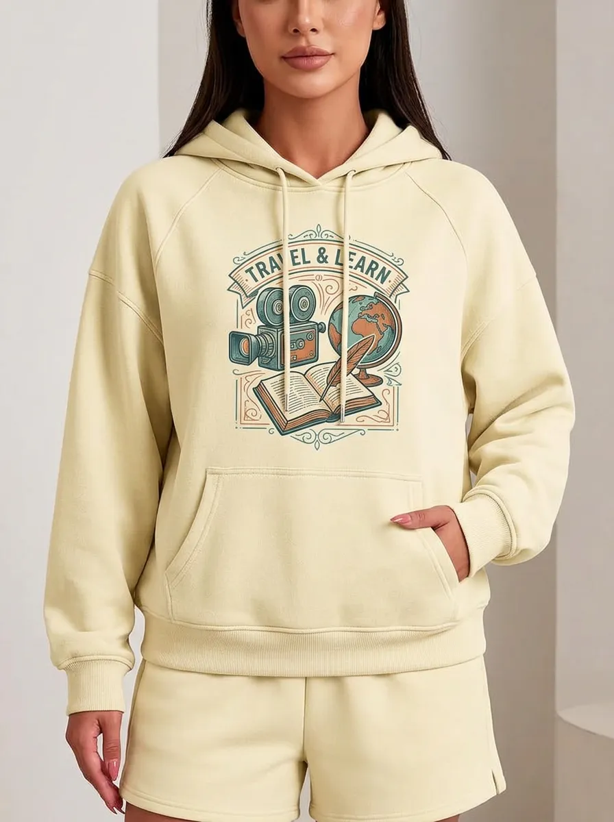 Women's Travel and Learn Globe Camera Book Printed Hoodie