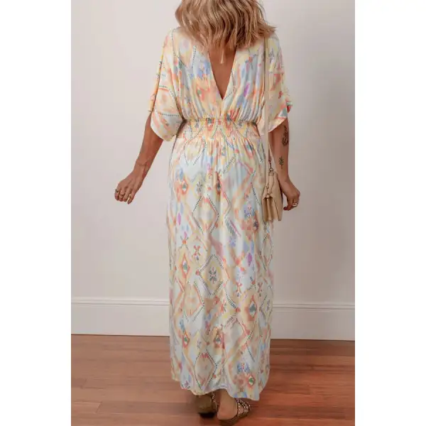 Printed Half Sleeve Shirred High Waist Maxi Dress