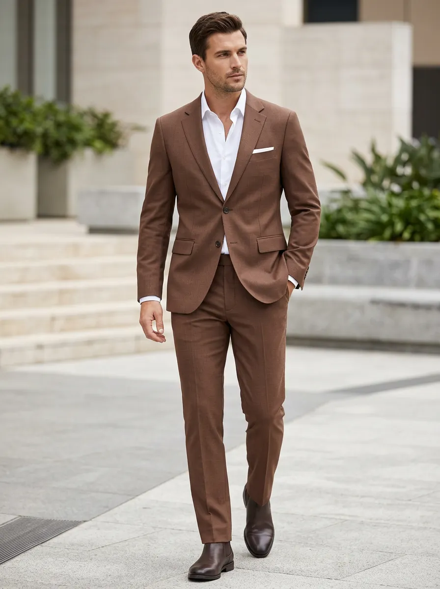 Men's Business Formal Brown Solid Color Slim Fit Suit Set