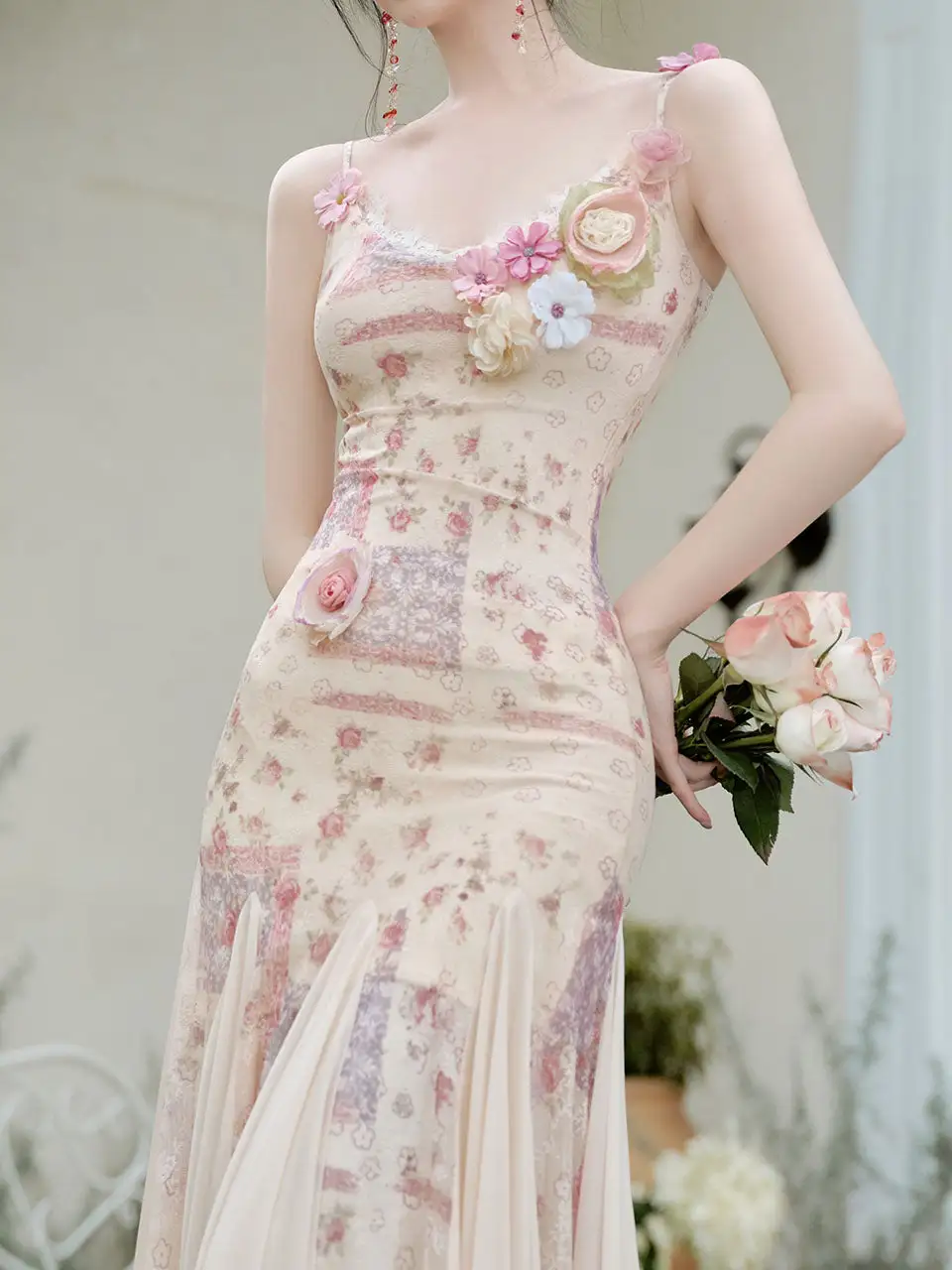 Floral Spaghetti Strap Fishtail Maxi Dress