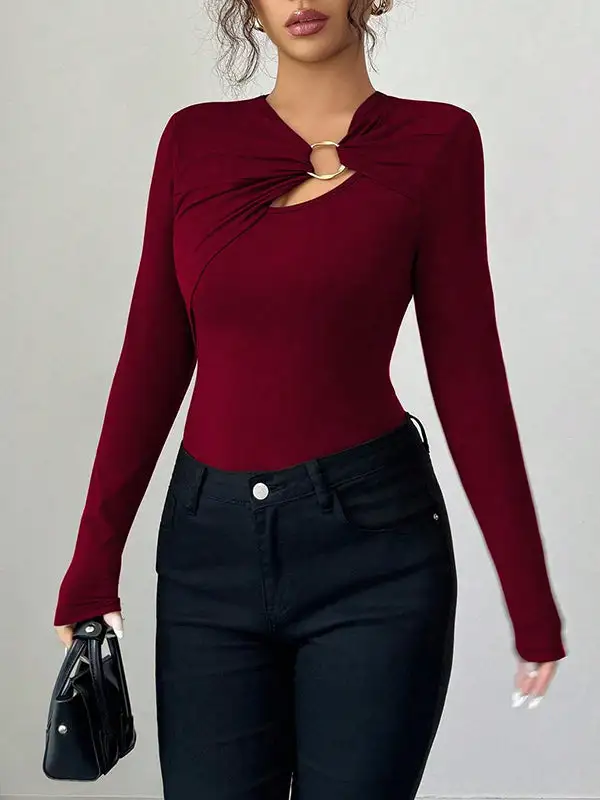 Long Sleeve Slim Fit Panel Detail Asymmetric Collar T-Shirt
