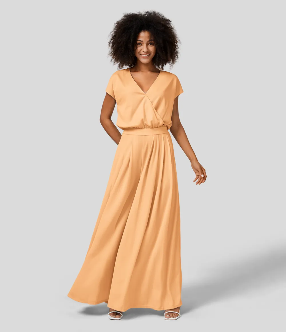 V Neck Short Sleeve Plicated Side Pocket Wide Leg Flowy Waffle Casual Jumpsuit