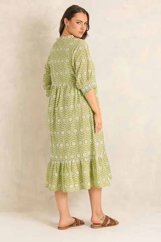 Green Tie Neck Broderie Cotton Maxi Dress