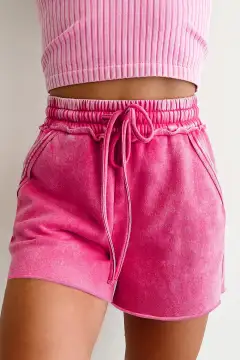 Elastic-Waist Mineral Washed Drawstring Elastic Waist Raw Cut Shorts