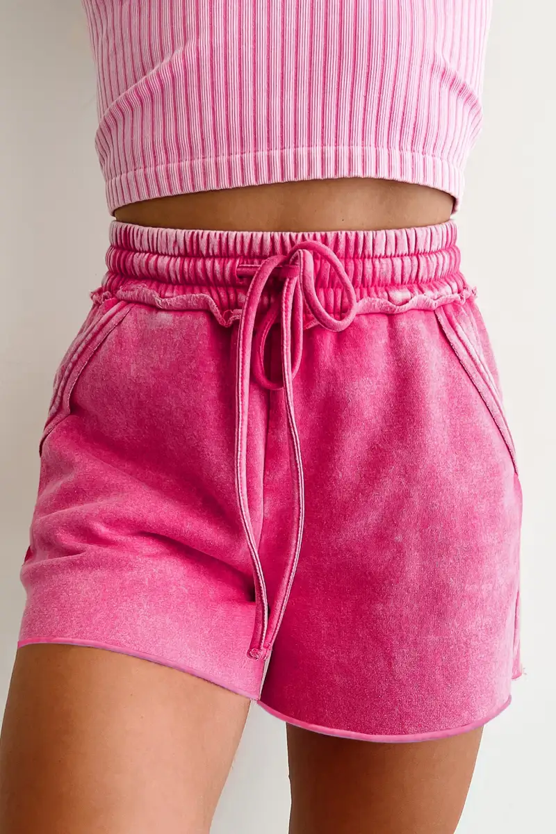 Elastic-Waist Mineral Washed Drawstring Elastic Waist Raw Cut Shorts