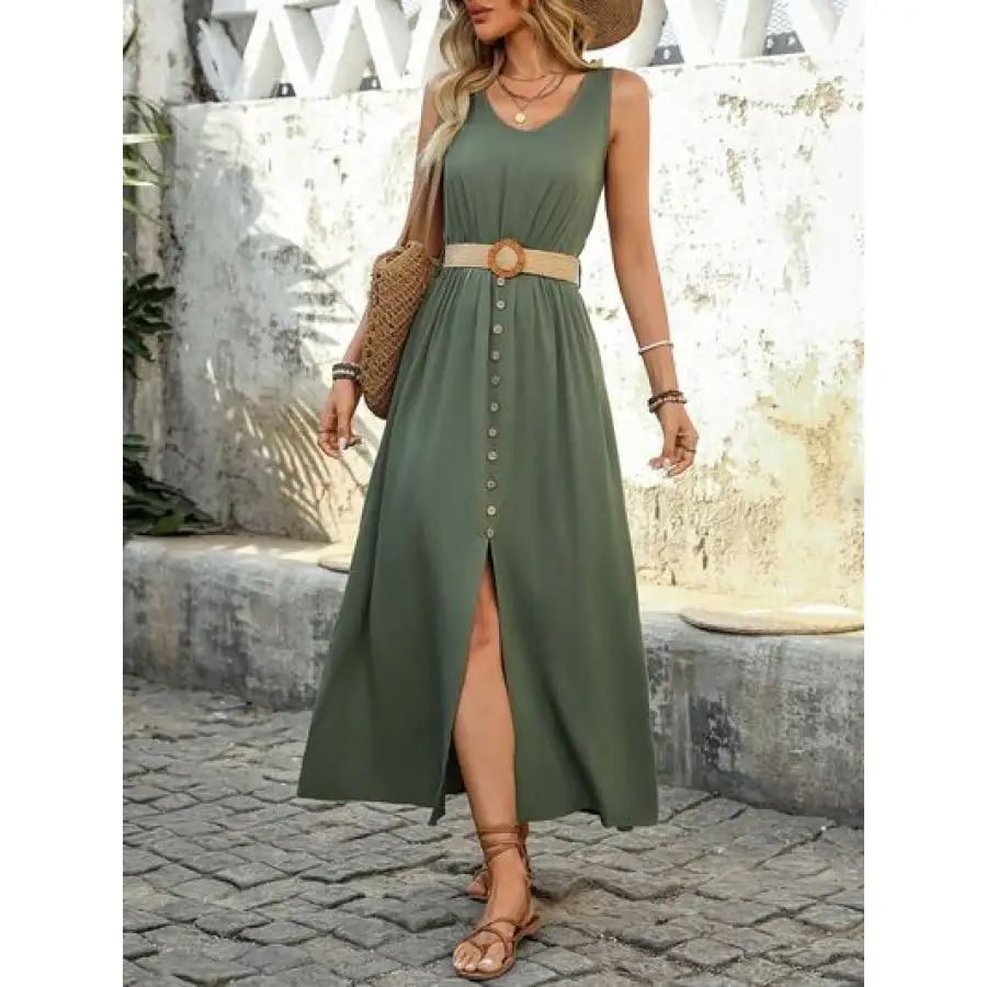 Perfee Decorative Button Slit Sleeveless Midi Dress