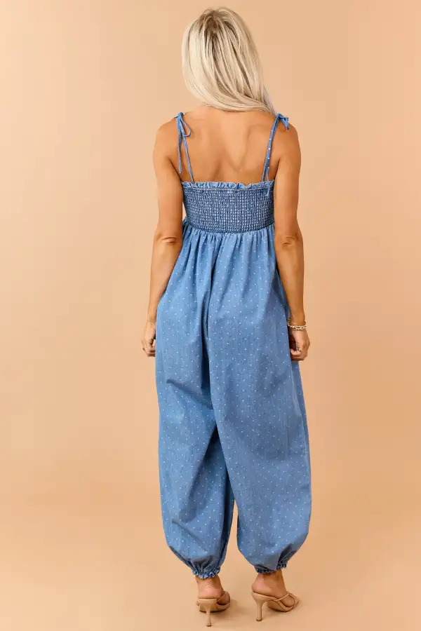 Wash Denim Polka Dot Sleeveless Jumpsuit