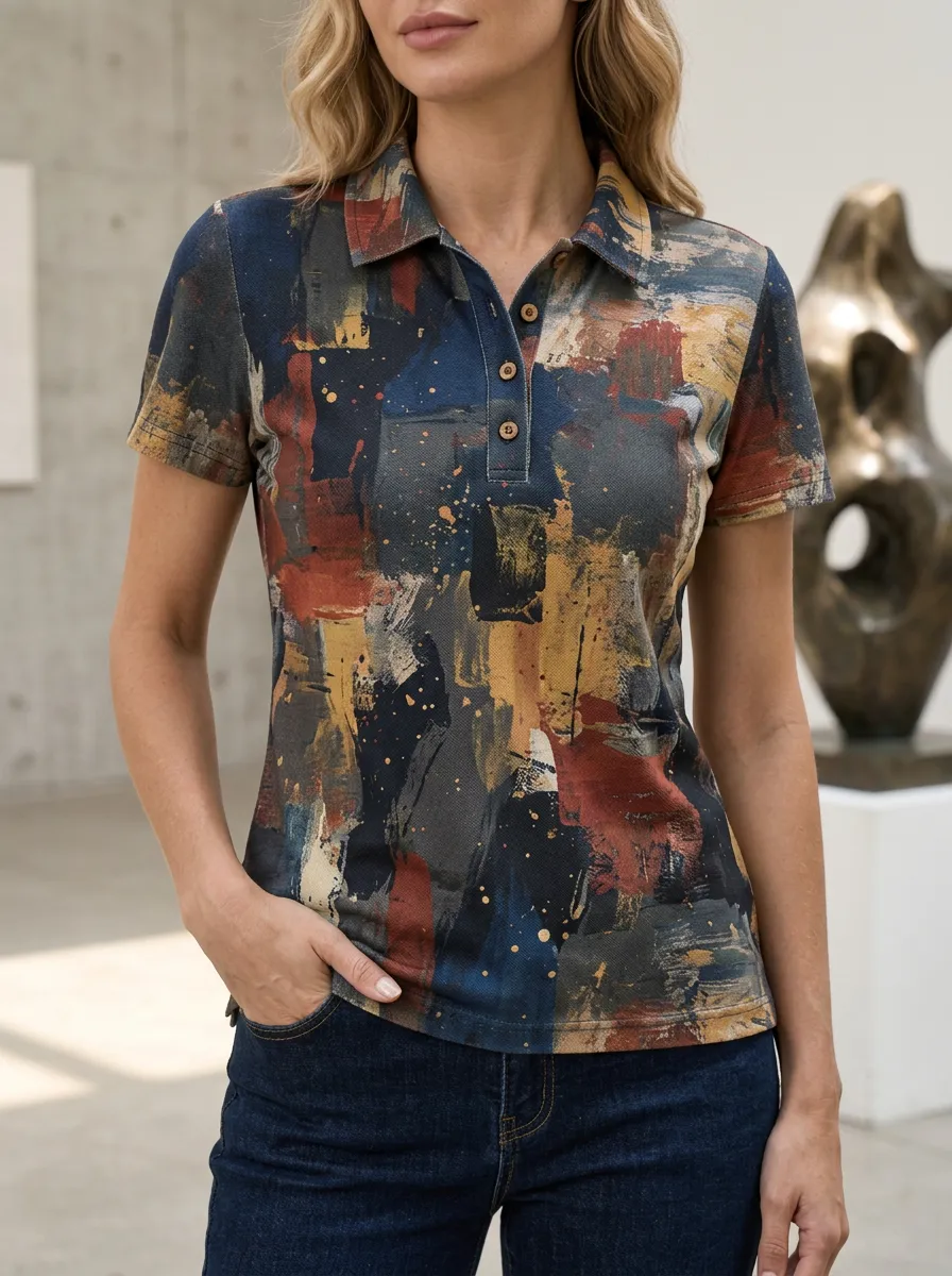 Women's Relaxed Abstract Oil Painting Art Polo Shirt