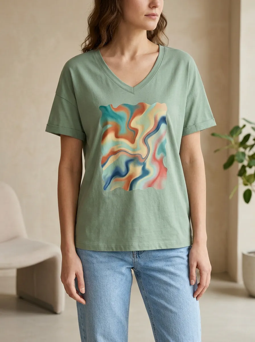 Women's Abstract Art Lover Swirl Pattern Printed V-Neck T-Shirt