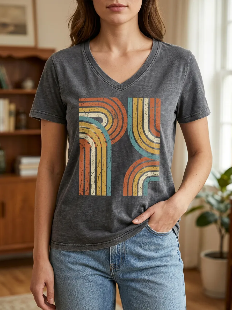 Women's Retro 70s Rainbow Geometric Printed V-Neck T-Shirt