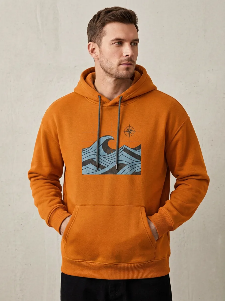 Men's Ocean Adventure Compass Wave Printed Hoodie