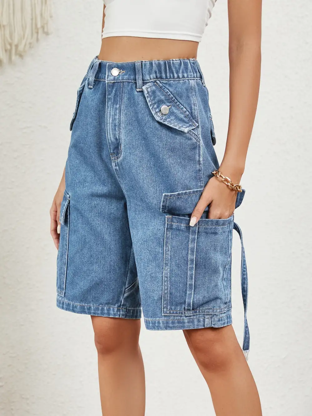 Tailored High Waist Denim Shorts with Pockets