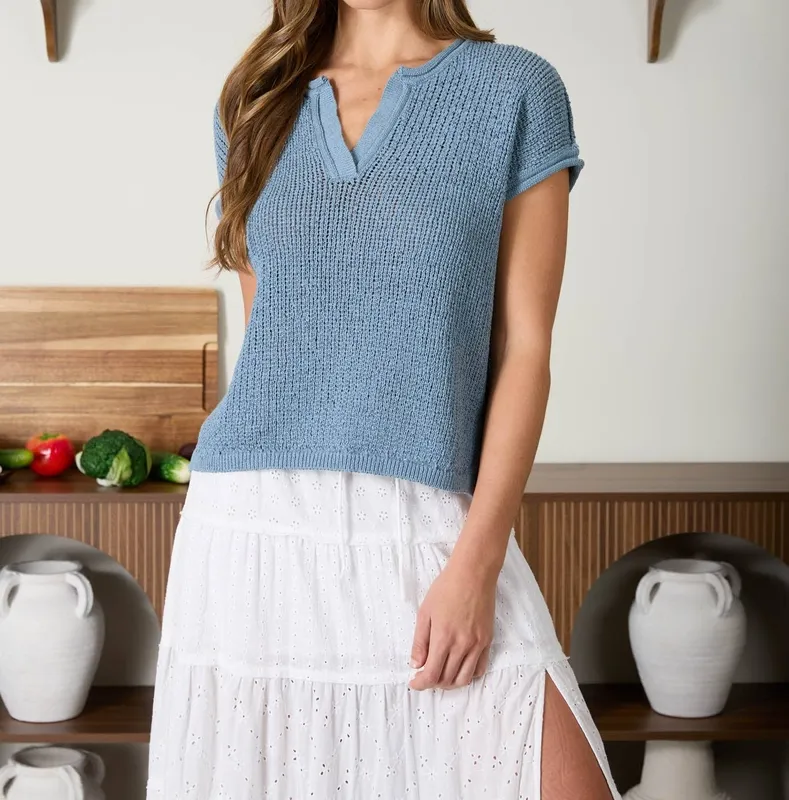 Split Neck Raw Edge Sheer Knit Top