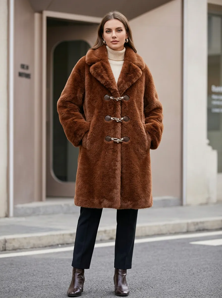 Winter Toggle-Button Faux Fur Coat