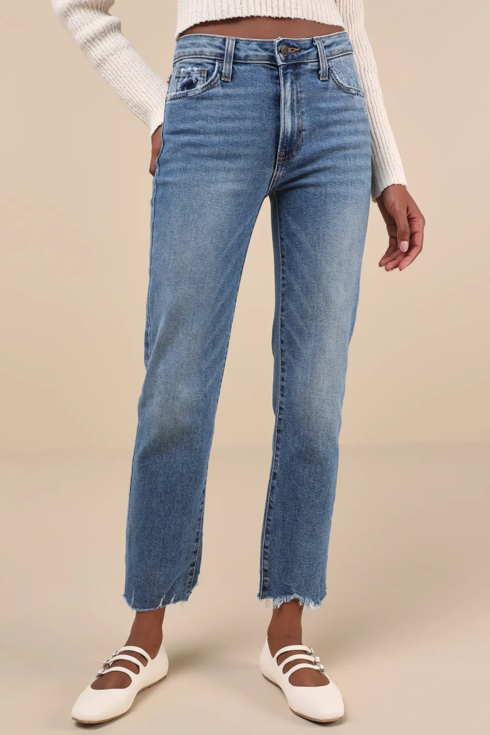 Casual Style High-Waisted Straight-Leg Jeans