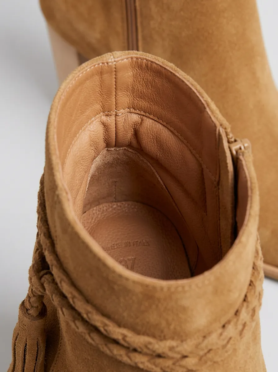 Tassel-Detail Boho-Inspired Suede-Look Women's Peep-Toe Ankle Boots