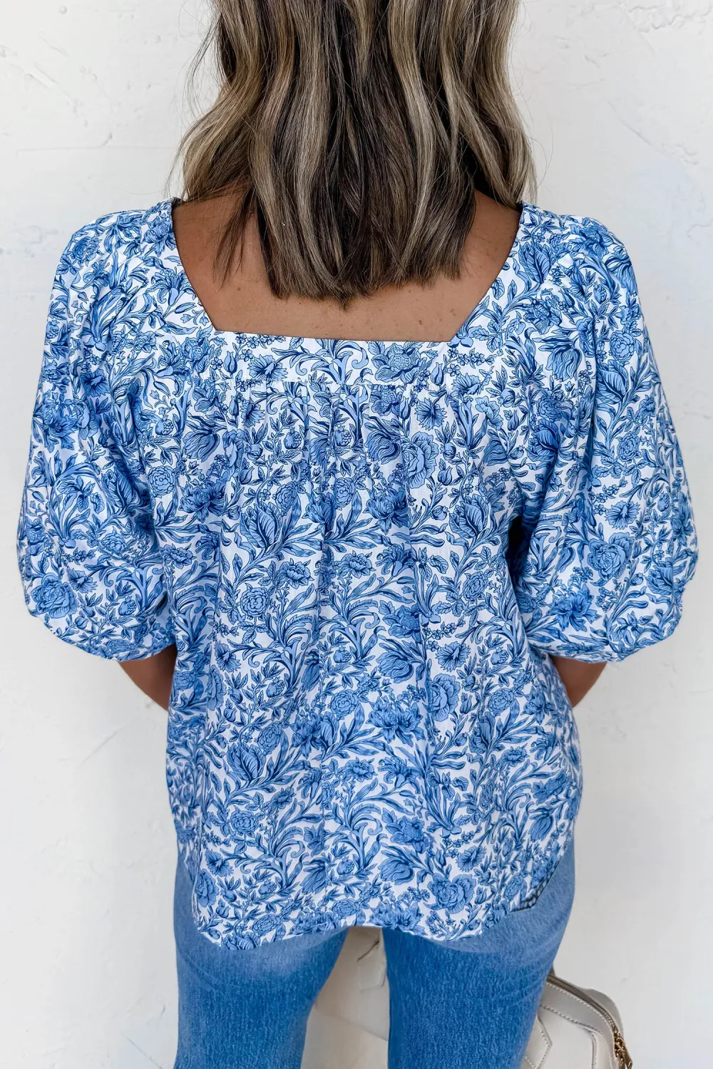 Sky Blue Square Neck Short Sleeve Blouse
