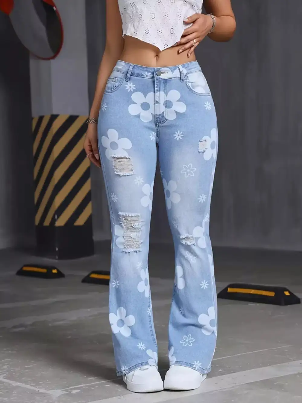 Ladies High-Waisted Floral Print Distressed Flare Jeans