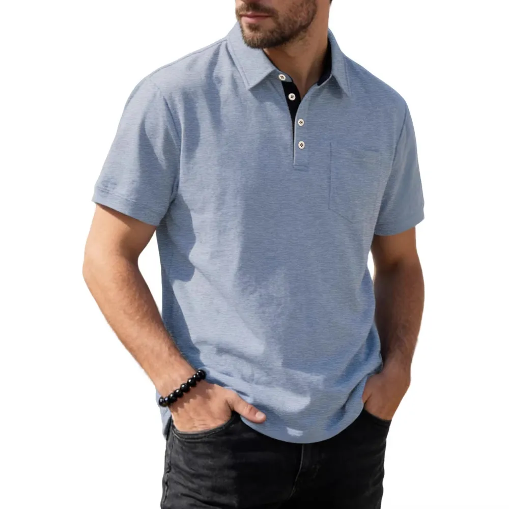 Button Placket Chest Pocket Short Sleeve Jersey Polo Shirt