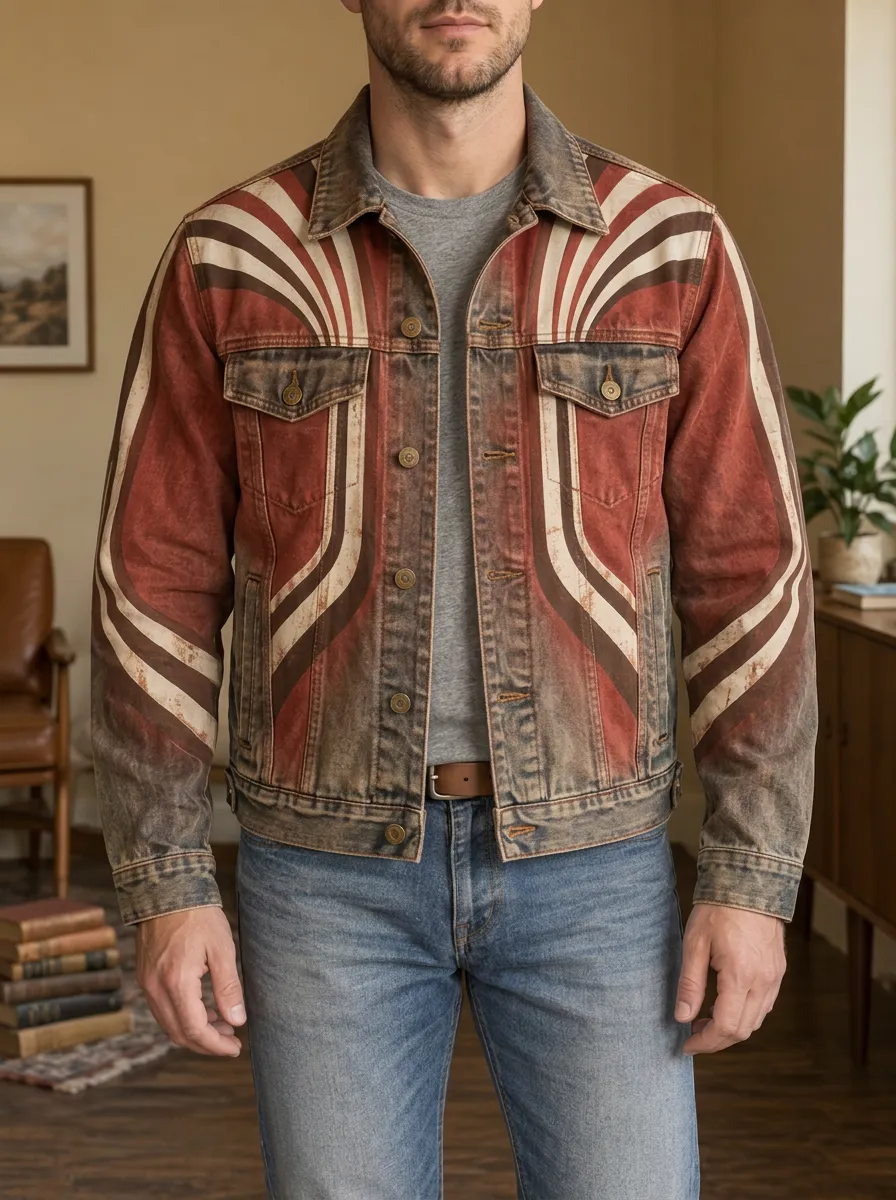 Men's Vintage Retro Striped Distressed Printed Denim Jacket