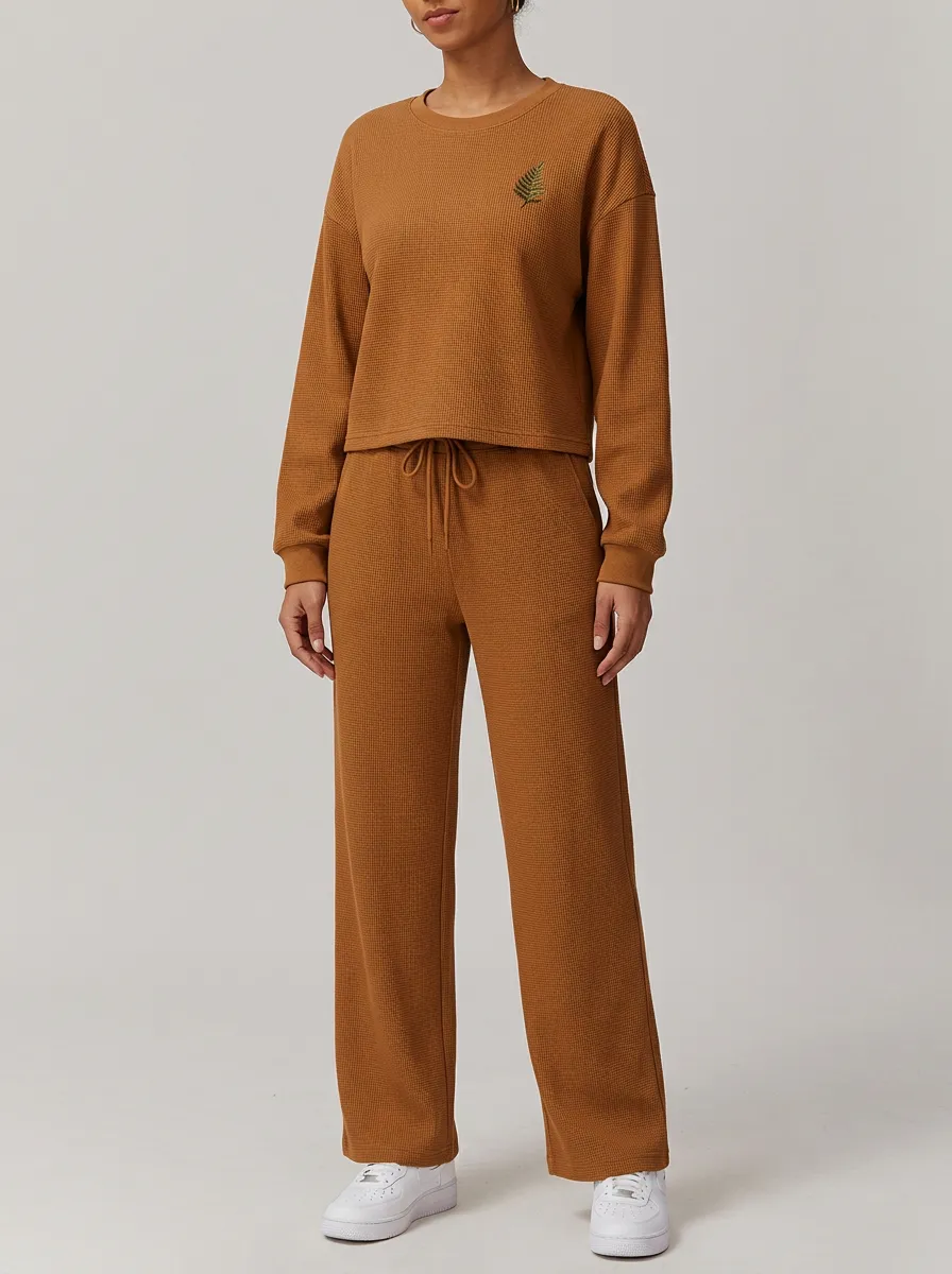 Women's Waffle-Knit Track Jacket & Straight-Leg Pants Ribbed-Trim Set