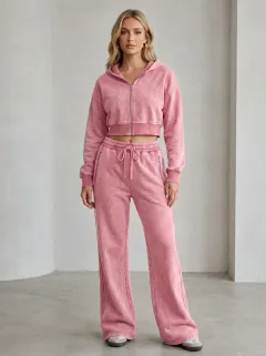 Women's Classic Acid Wash Sport Inspired Cropped Hooded Jacket and Flare Pants Active Set