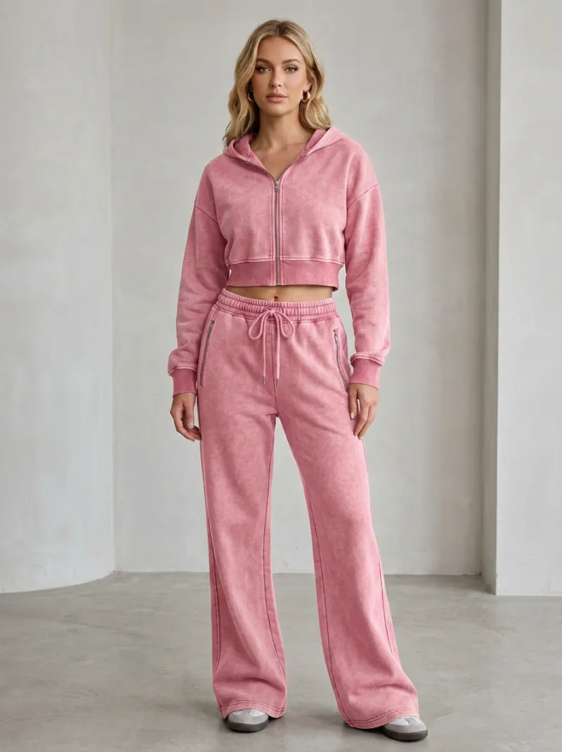 Women's Classic Acid Wash Sport Inspired Cropped Hooded Jacket and Flare Pants Active Set